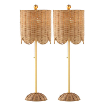 Celerie 27.5" Coastal Bohemian Rattan/Iron Scalloped Buffet LED Table Lamps with Pull Chain (Set of 2)